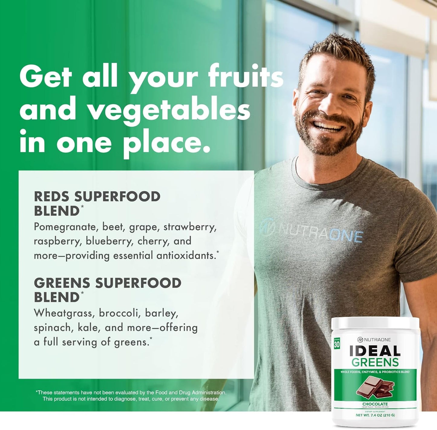 NutraOne Ideal Greens Chocolate Superfood Powder - Antioxidant-Rich Nutrient Supplement (30 Servings)