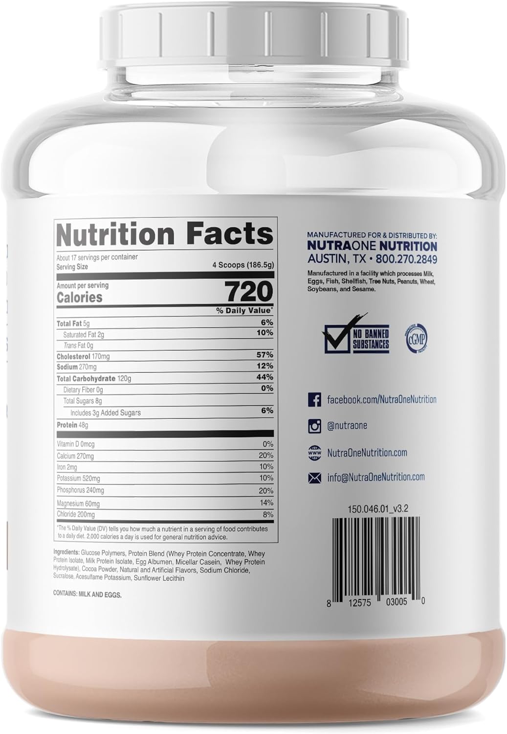 NutraOne Mass Gainer Protein Powder - Gourmet Chocolate Flavor, 7 lbs - Gain Weight & Meal Replacement