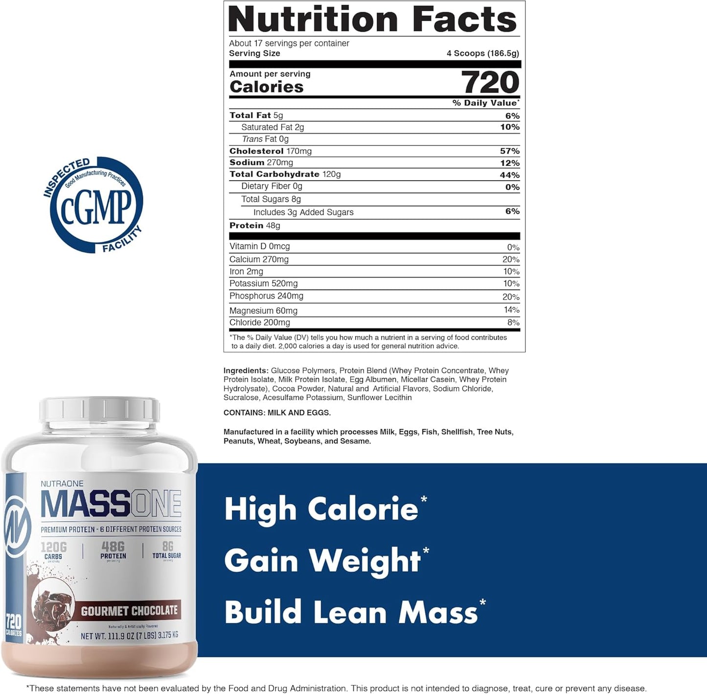 NutraOne Mass Gainer Protein Powder - Gourmet Chocolate Flavor, 7 lbs - Gain Weight & Meal Replacement