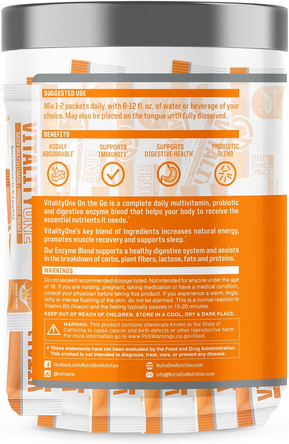 NutraOne VitalityOne On The Go Multivitamin with Probiotics and Enzymes - Orange Cream Flavor - 30 Servings