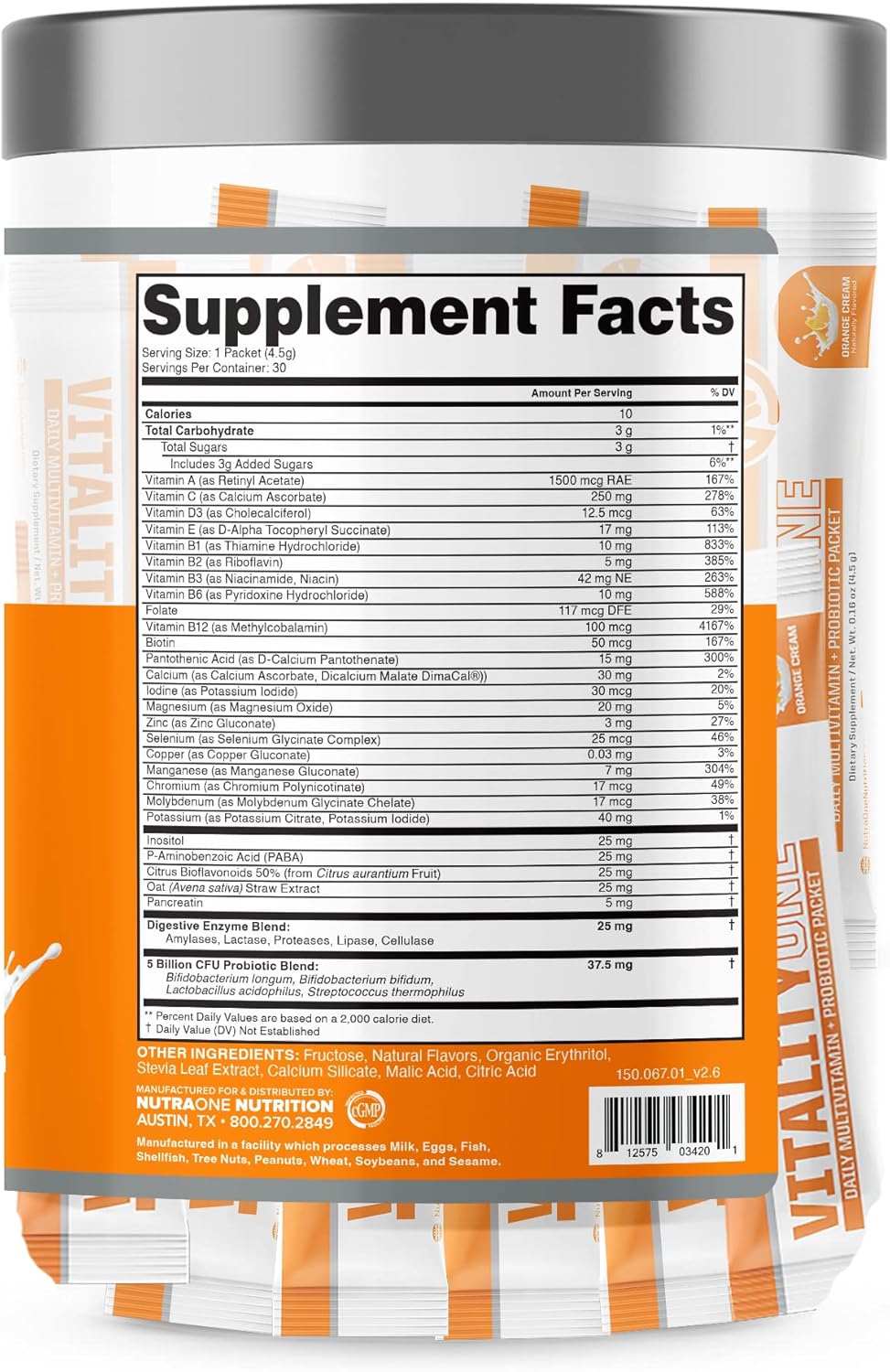 NutraOne VitalityOne On The Go Multivitamin with Probiotics and Enzymes - Orange Cream Flavor - 30 Servings