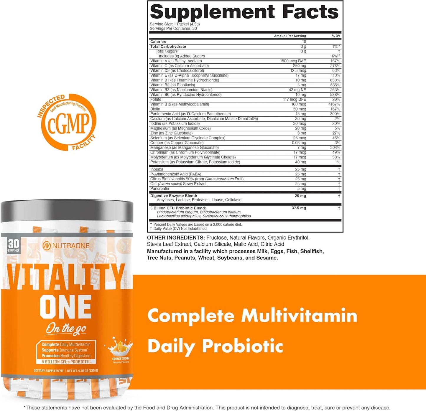 NutraOne VitalityOne On The Go Multivitamin with Probiotics and Enzymes - Orange Cream Flavor - 30 Servings