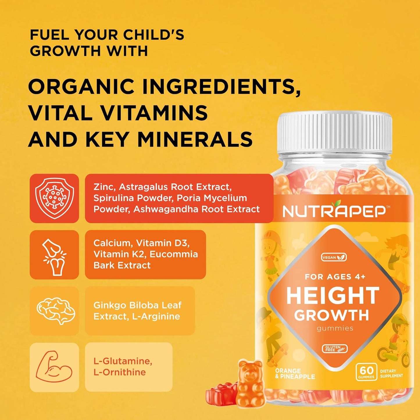 NutraPep Kids Height Growth Gummies - Natural Height Increaser with Calcium, Vitamin D3, Zinc, and Amino Acids for Boys and Girls