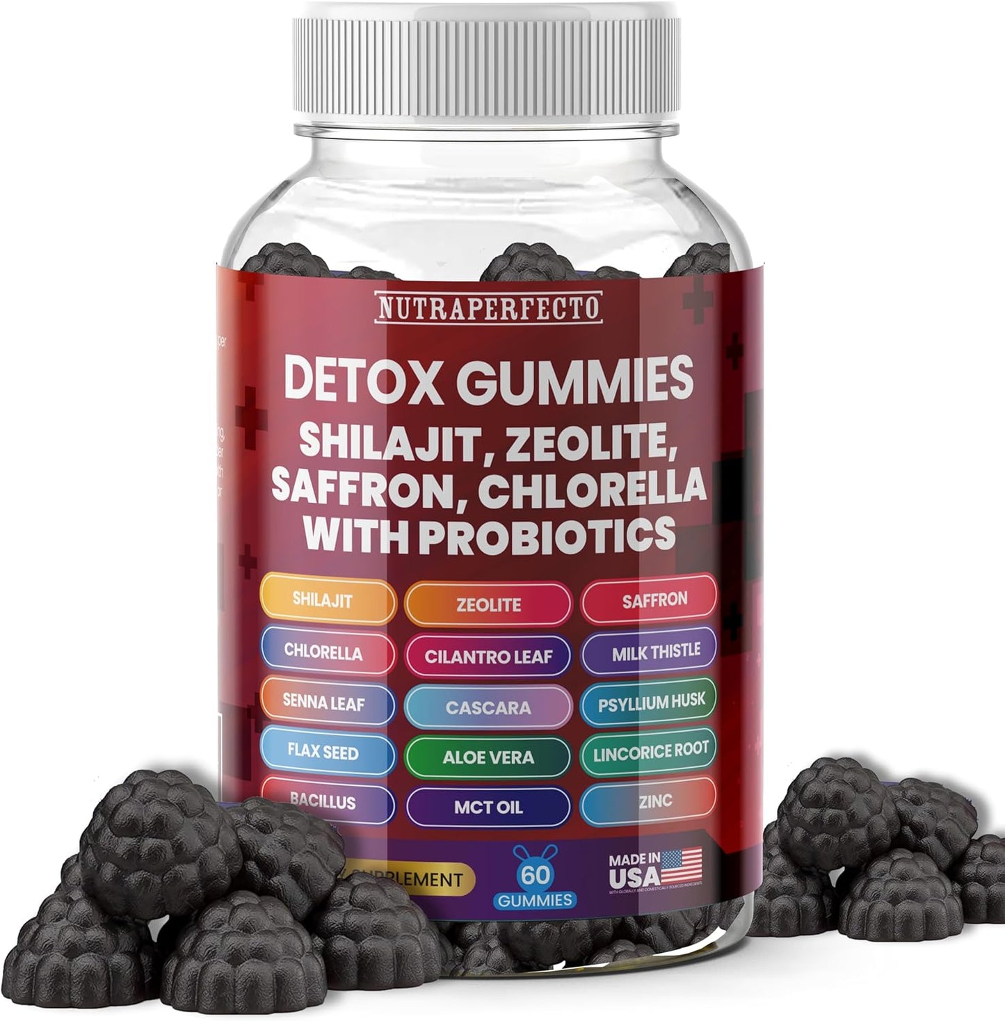 NutraPerfecto Sugar-Free Detox Gummies with Zeolite, Probiotics, Chlorella, and More for Energy and Focus - Kids and Adults