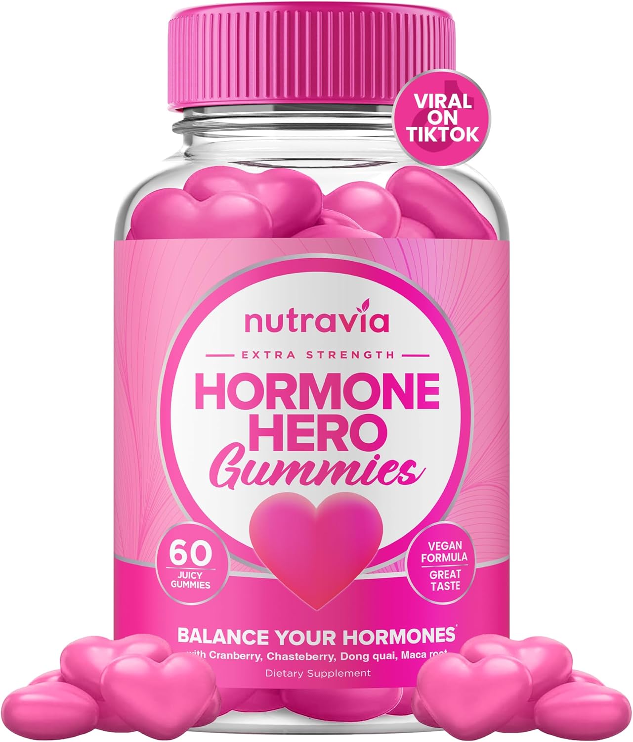 Nutravia Hormone Balance Gummies for Women - PMS Relief Support with Mood Swings, Clear Skin, Cramp Reduction - PCOS Vitamin with Cranberry, Dong Quai (60 Gummies)