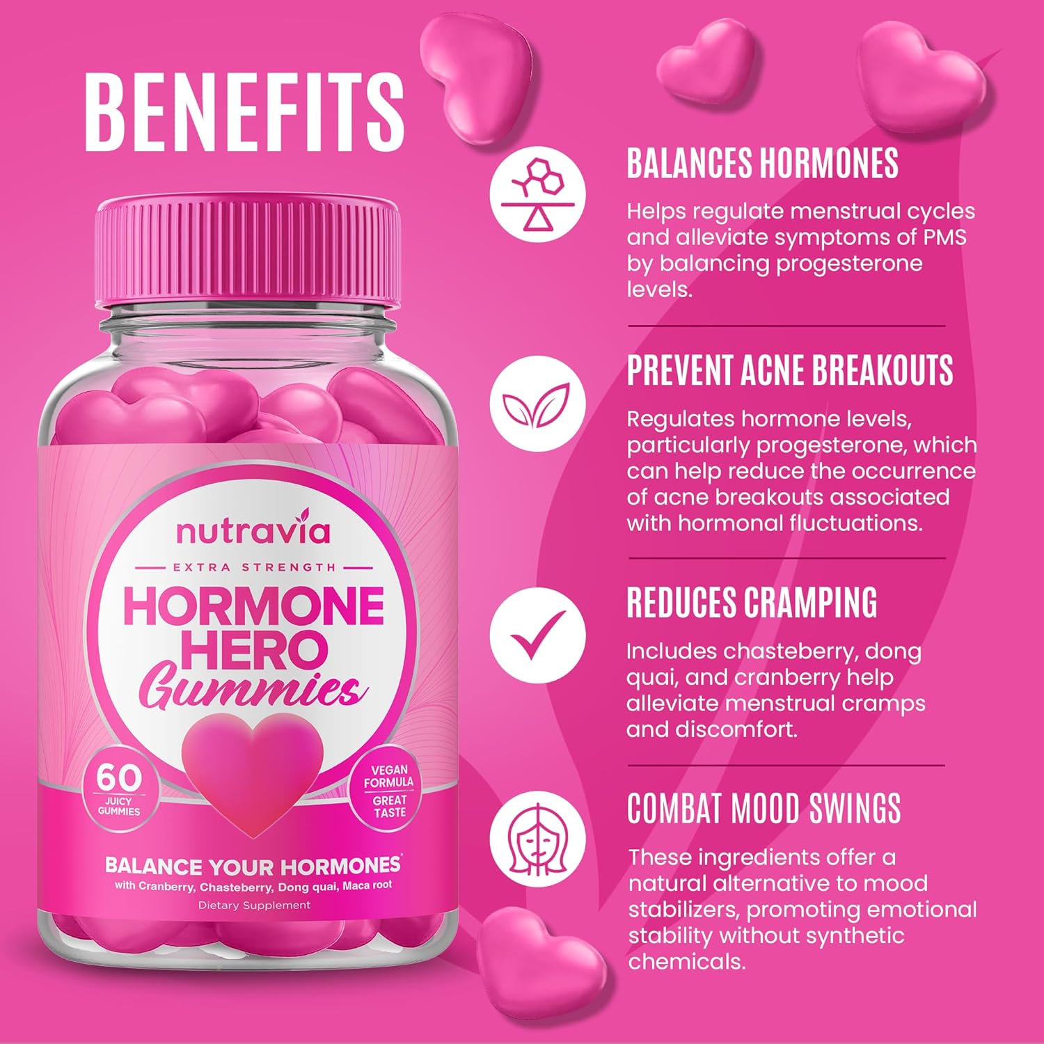 Nutravia Hormone Balance Gummies for Women - PMS Relief Support with Mood Swings, Clear Skin, Cramp Reduction - PCOS Vitamin with Cranberry, Dong Quai (60 Gummies)