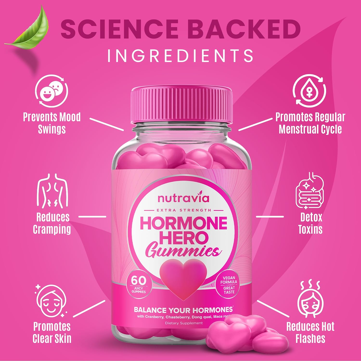 Nutravia Hormone Balance Gummies for Women - PMS Relief Support with Mood Swings, Clear Skin, Cramp Reduction - PCOS Vitamin with Cranberry, Dong Quai (60 Gummies)
