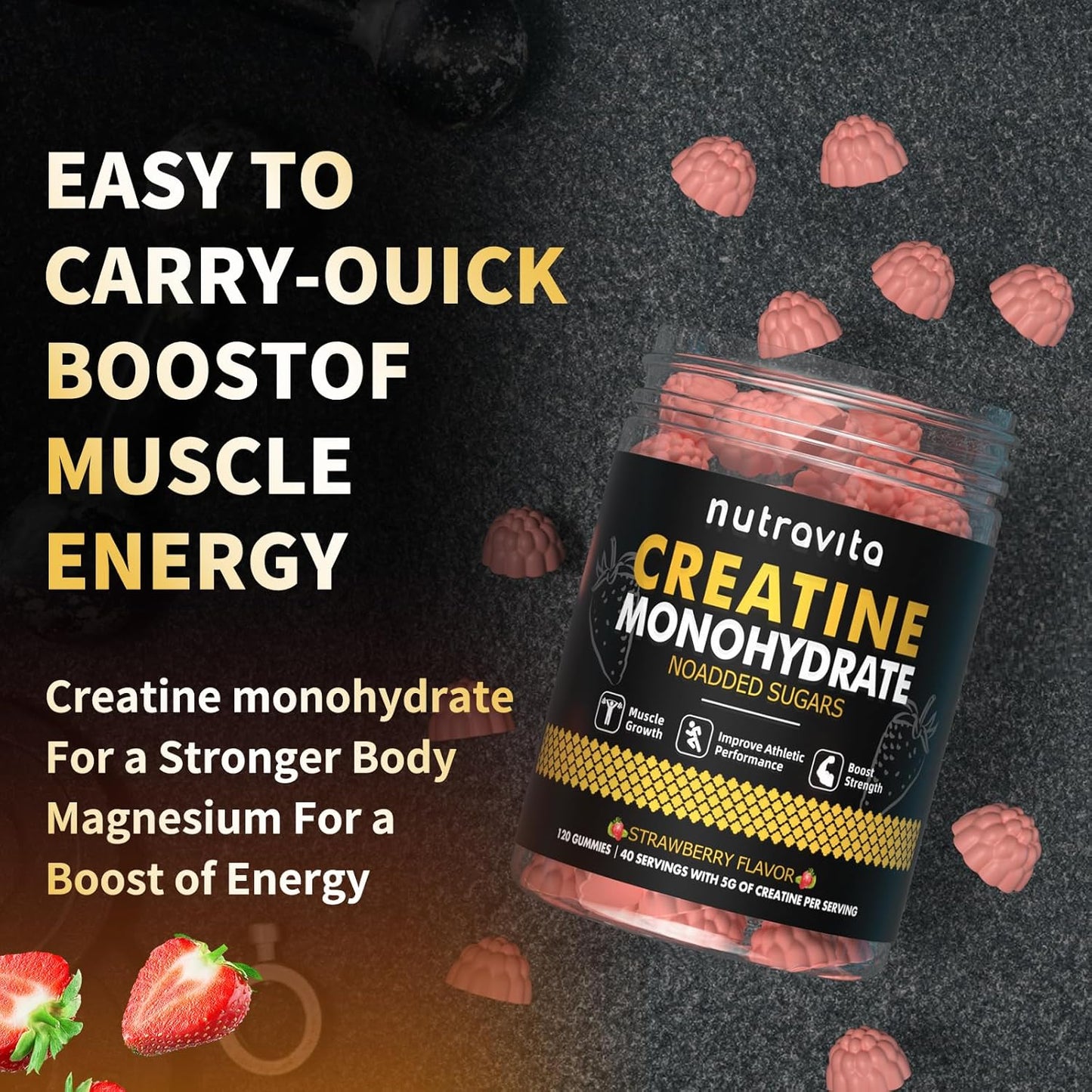 Nutravita Creatine Monohydrate Gummies - 5g per Serving, Vegan, Strawberry Flavor - 120 Count for Men & Women