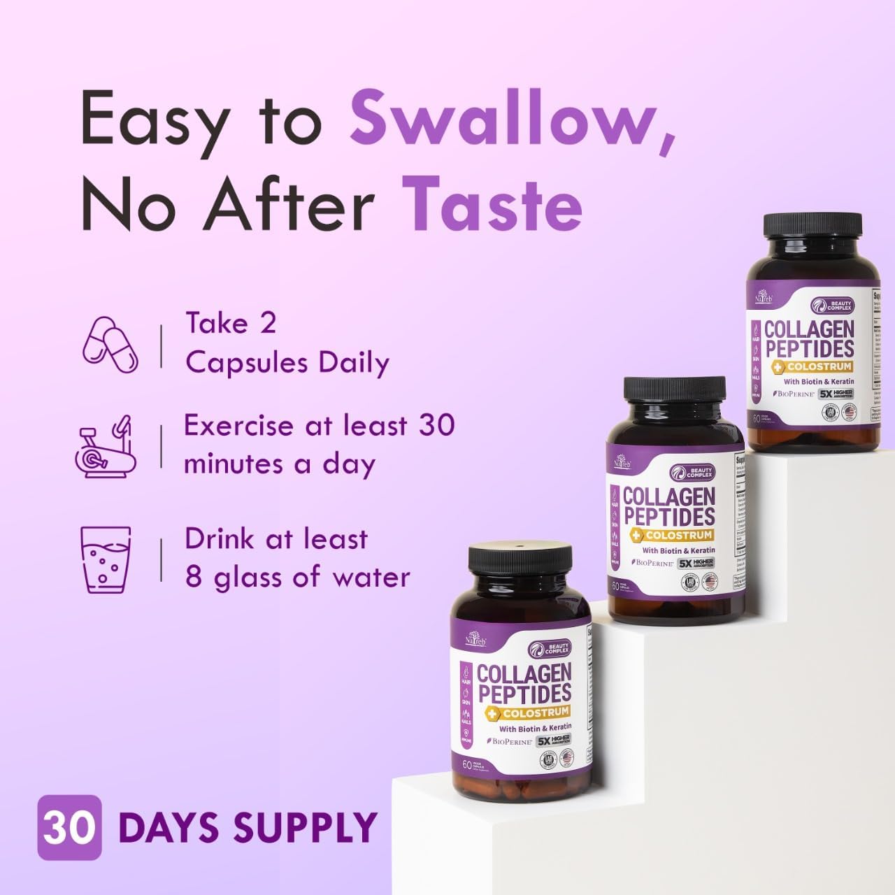 Nutreb Collagen Peptides with Colostrum, Biotin, and Keratin for Women - High Absorption - Hair, Skin, and Nails Vitamins - 60 Capsules