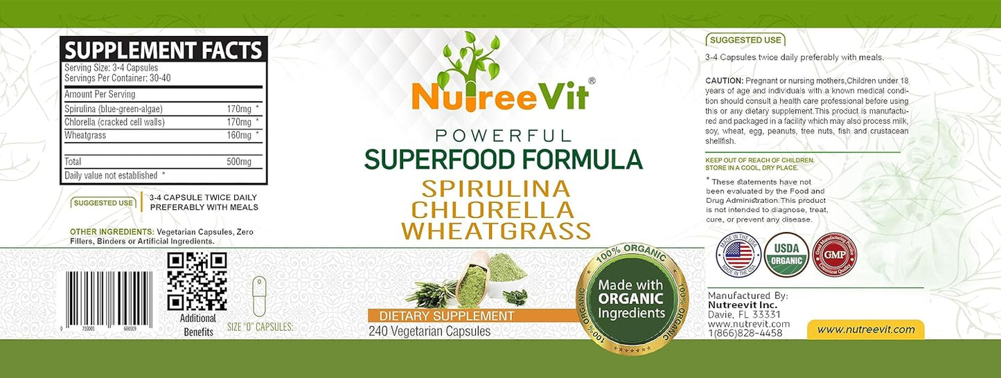 NutreeVit Organic Spirulina, Chlorella, Wheatgrass Superfood Capsules - 100% Pure Veggie Blend - 500mg