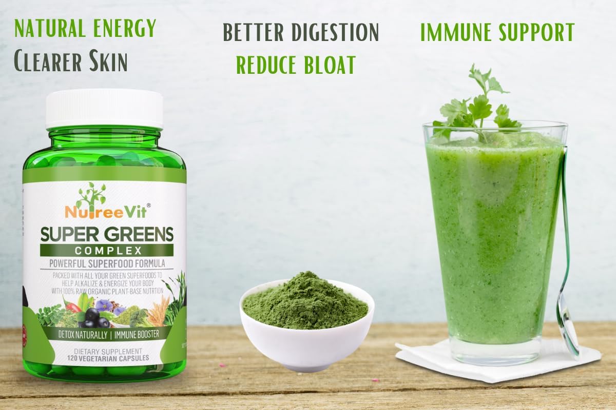 NutreeVit SuperGreens Blend - Spirulina, Chlorella, Wheatgrass + More - Nutrient-Rich Superfood Mix