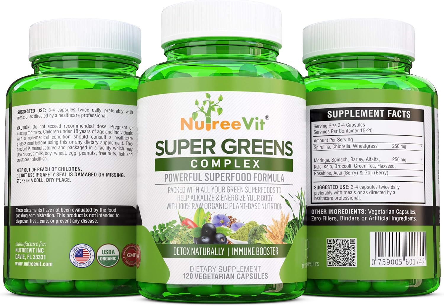 NutreeVit SuperGreens Powder - Spirulina, Chlorella, Wheatgrass - Nutrient-Rich Green Superfood Blend