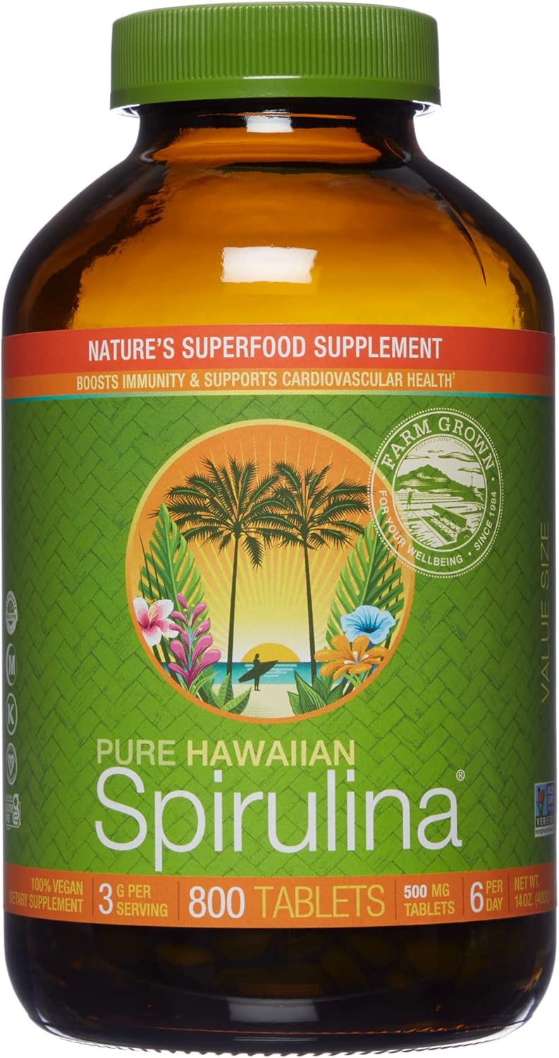 Nutrex Hawaii Pure Hawaiian Spirulina 500mg Tablets - Vegan Supplement for Immune System, Heart Health, and Energy Boost - 800 Count