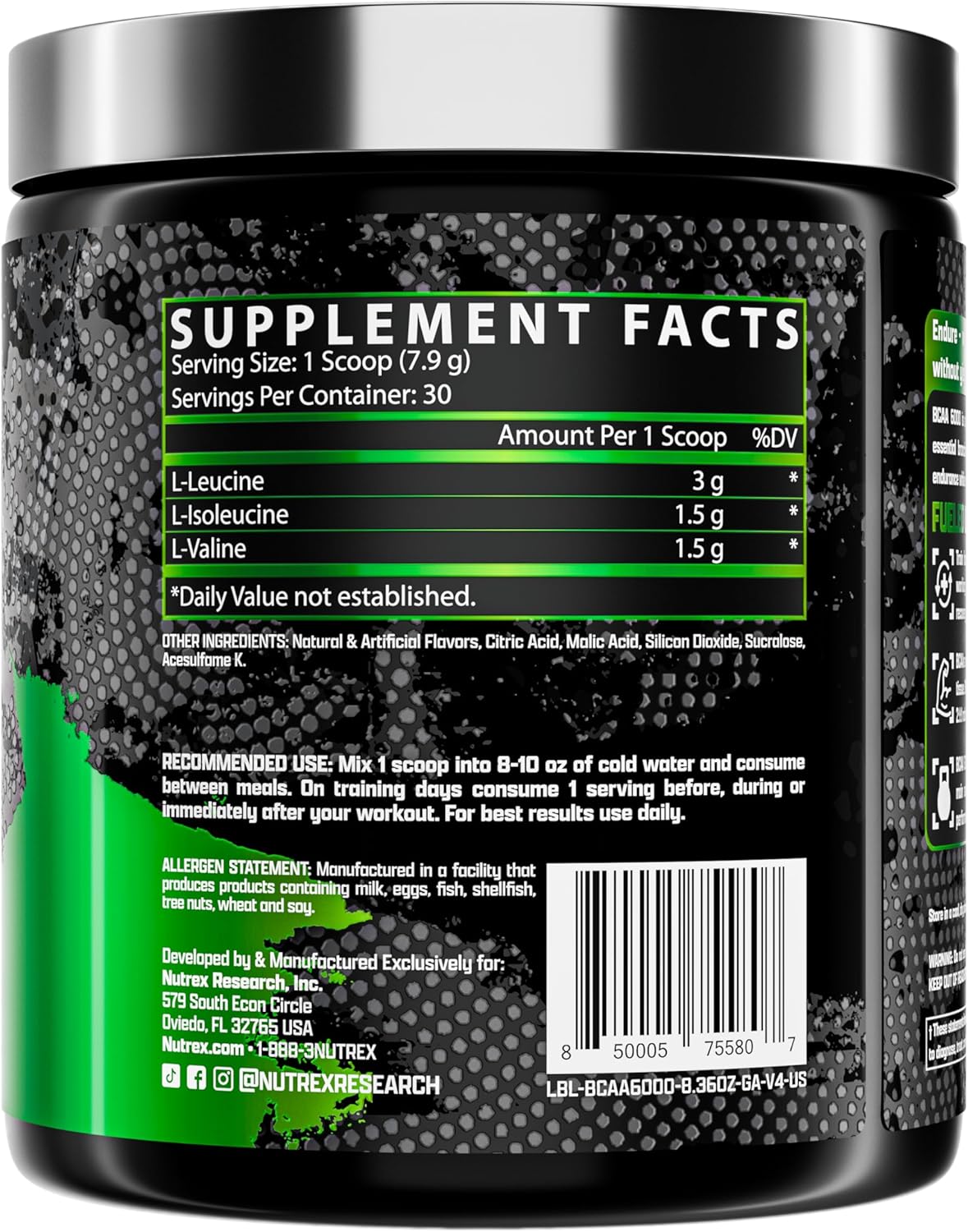 Nutrex Research BCAA Powder 6000 Amino Acid Supplement - 6g BCAAs for Post-Workout Recovery & Muscle Growth - Amino Energy Drink (Green Apple, 30 Servings)