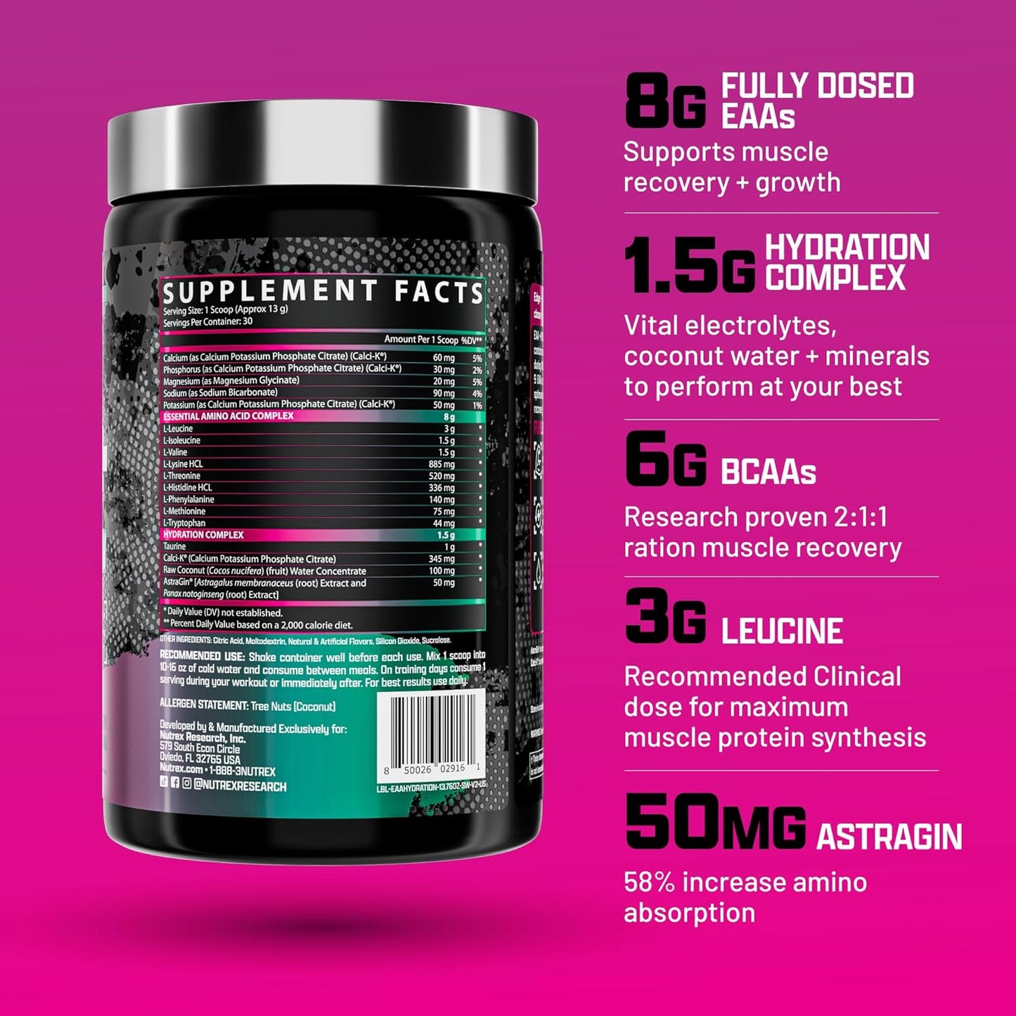 Nutrex Research EAA Hydration: Essential Amino Acids + Electrolytes for Muscle Recovery, Strength, and Endurance - Strawberry Watermelon Flavor - 30 Servings