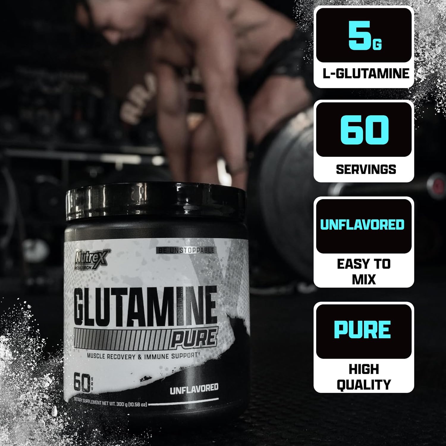 Nutrex Research L-Glutamine Powder - 300g Pure Unflavored, 60 Servings