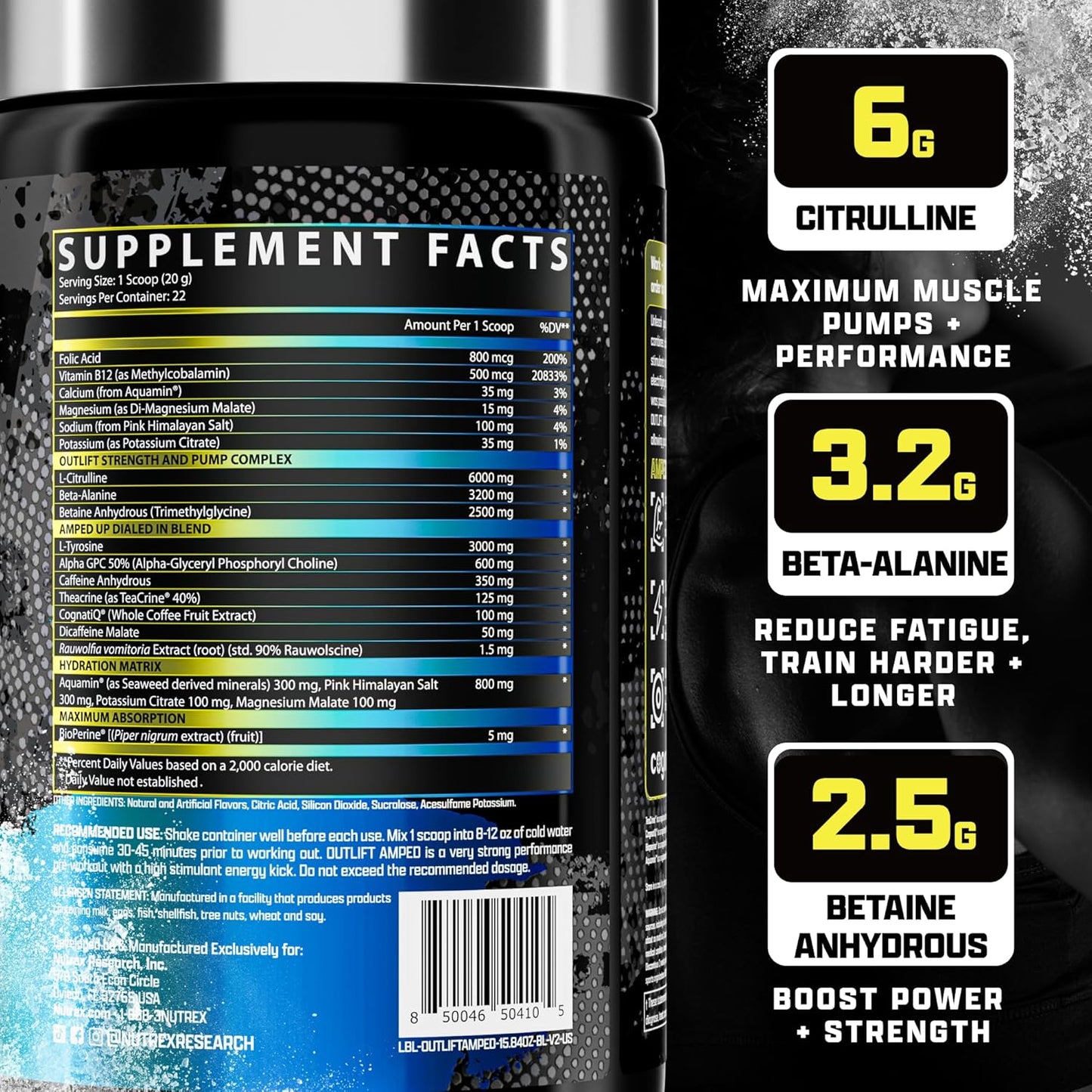 Nutrex Research OUTLIFT Amped Max Dosed Pre Workout Powder - Blueberry Lemonade Flavor