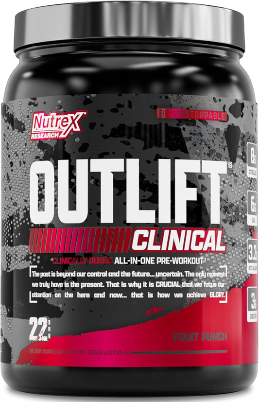Nutrex Research Outlift Clinical Pre Workout Powder - Clinically Dosed with Creatine, 8G Citrulline, EAA - Energy, Performance, Pump Supplement for Men & Women - Fruit Punch Flavor (22 Servings)