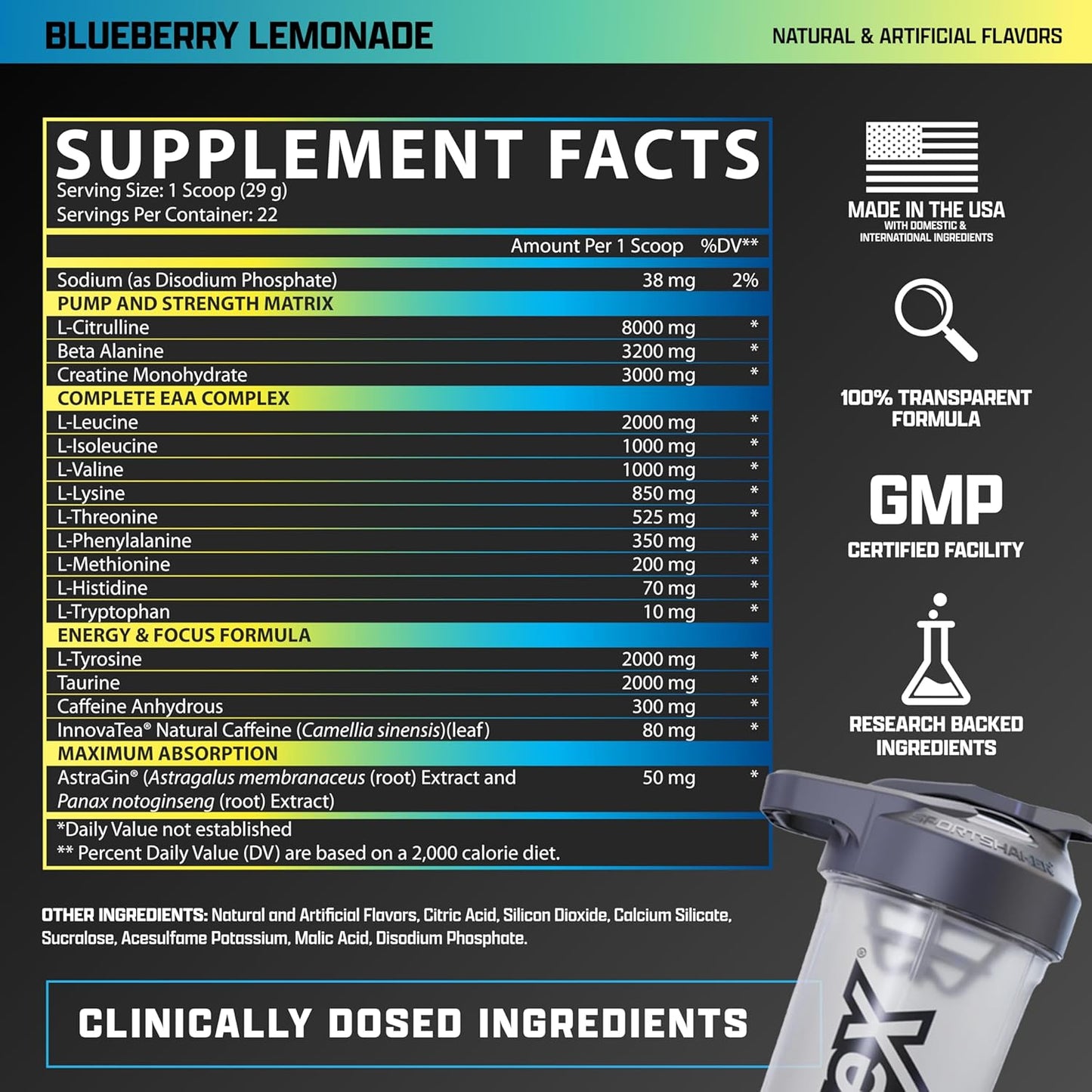Nutrex Research Outlift Clinical Pre Workout Powder - Clinically Dosed with Creatine, Citrulline, EAA for Energy, Performance, Pump - Men & Women - 22 Servings, Blueberry Lemonade