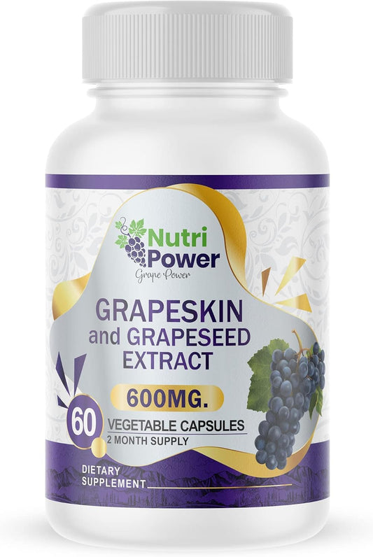 Nutri Power Skin & Grape Seed Extract Supplement 600 MG - 60 Vegetable Capsules for Healthy Skin, Eyes, and Cardiovascular Support