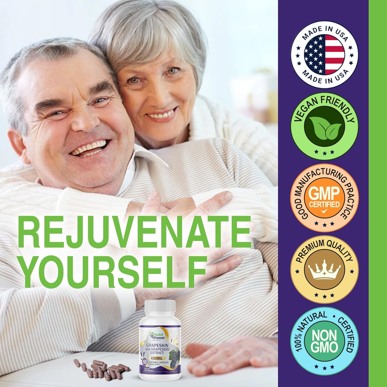 Nutri Power Skin & Grape Seed Extract Supplement 600 MG - 60 Vegetable Capsules for Healthy Skin, Eyes, and Cardiovascular Support