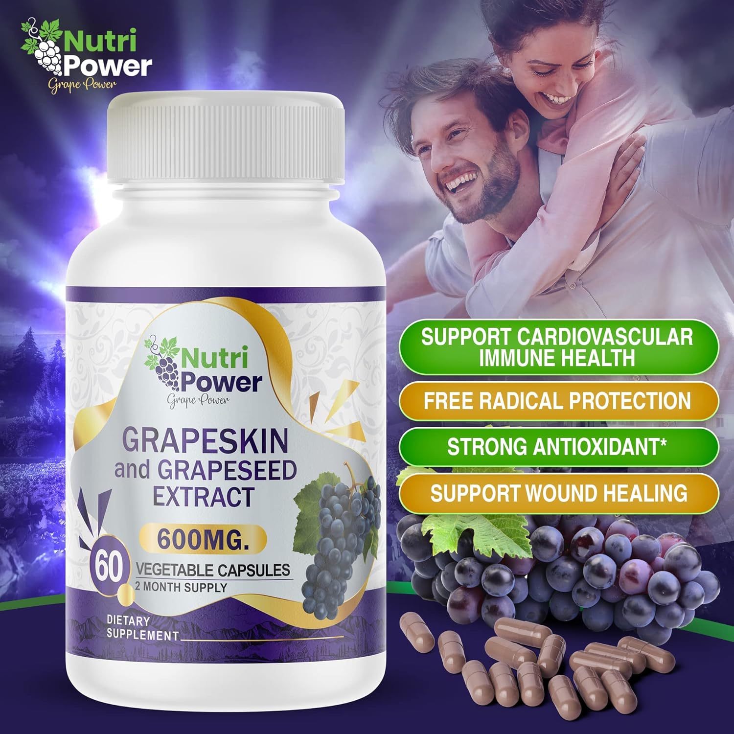 Nutri Power Skin & Grape Seed Extract Supplement 600 MG - 60 Vegetable Capsules for Healthy Skin, Eyes, and Cardiovascular Support