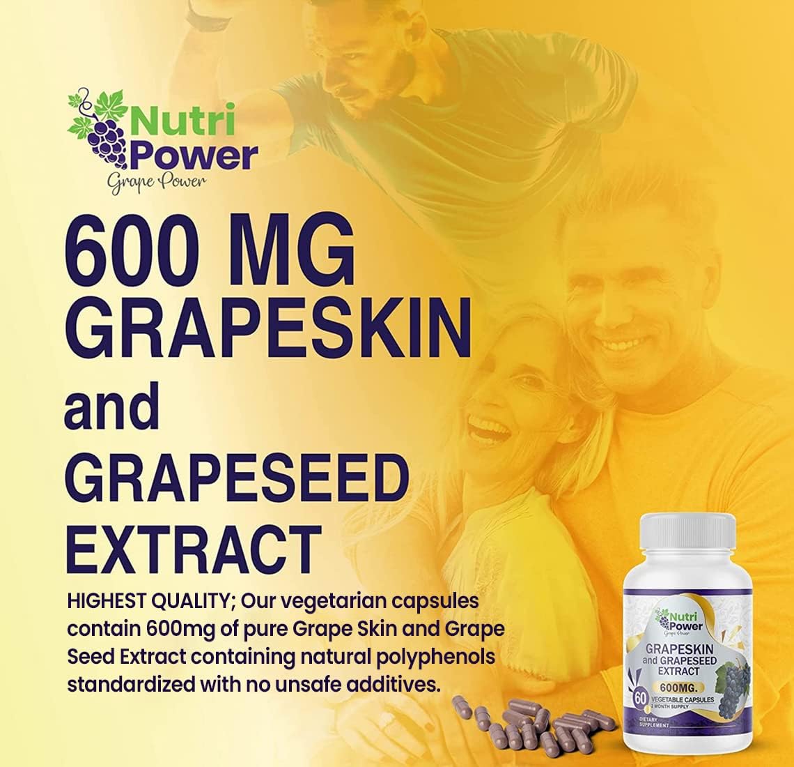 Nutri Power Skin & Grape Seed Extract Supplement 600 MG - 60 Vegetable Capsules for Healthy Skin, Eyes, and Cardiovascular Support