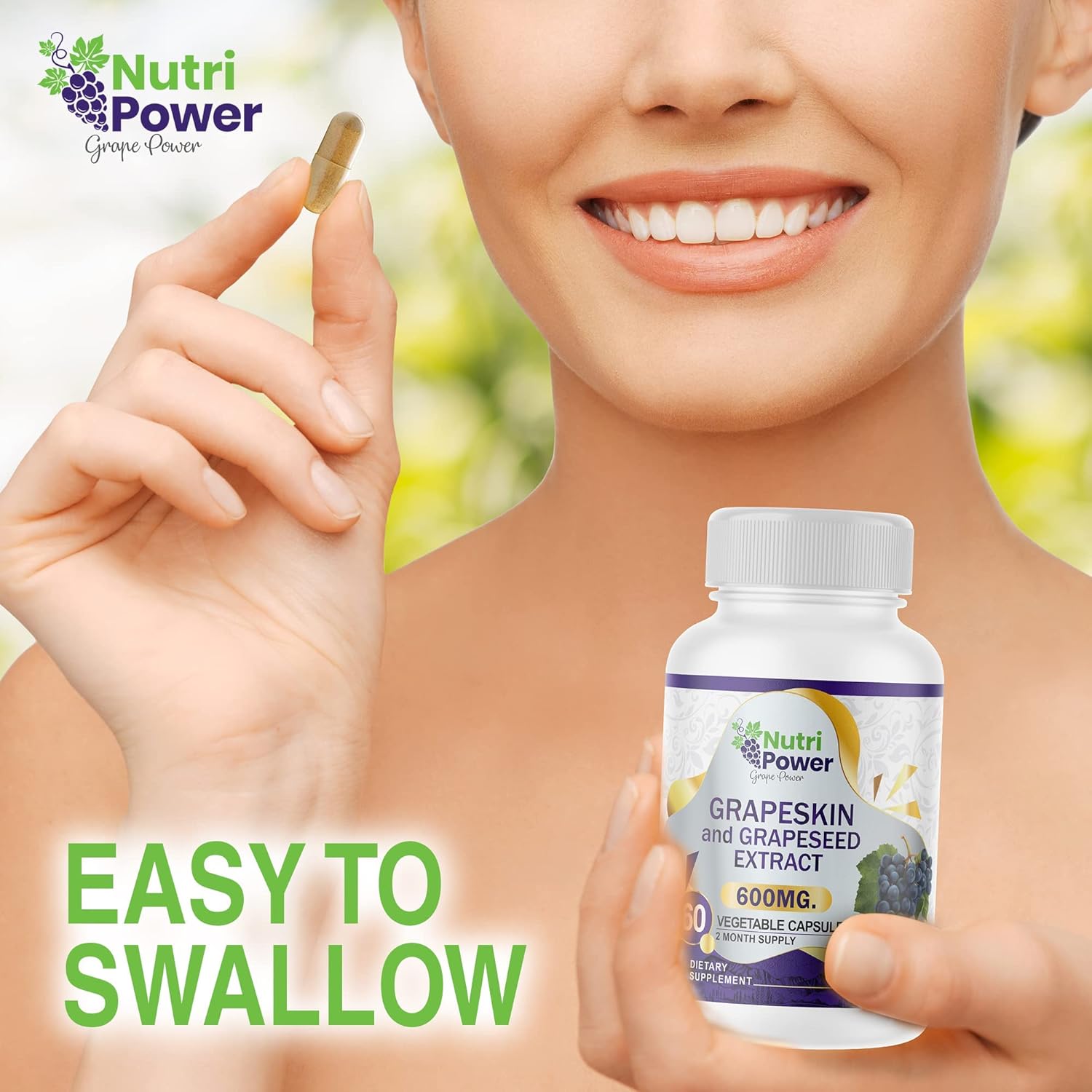 Nutri Power Skin & Grape Seed Extract Supplement 600 MG - 60 Vegetable Capsules for Healthy Skin, Eyes, and Cardiovascular Support