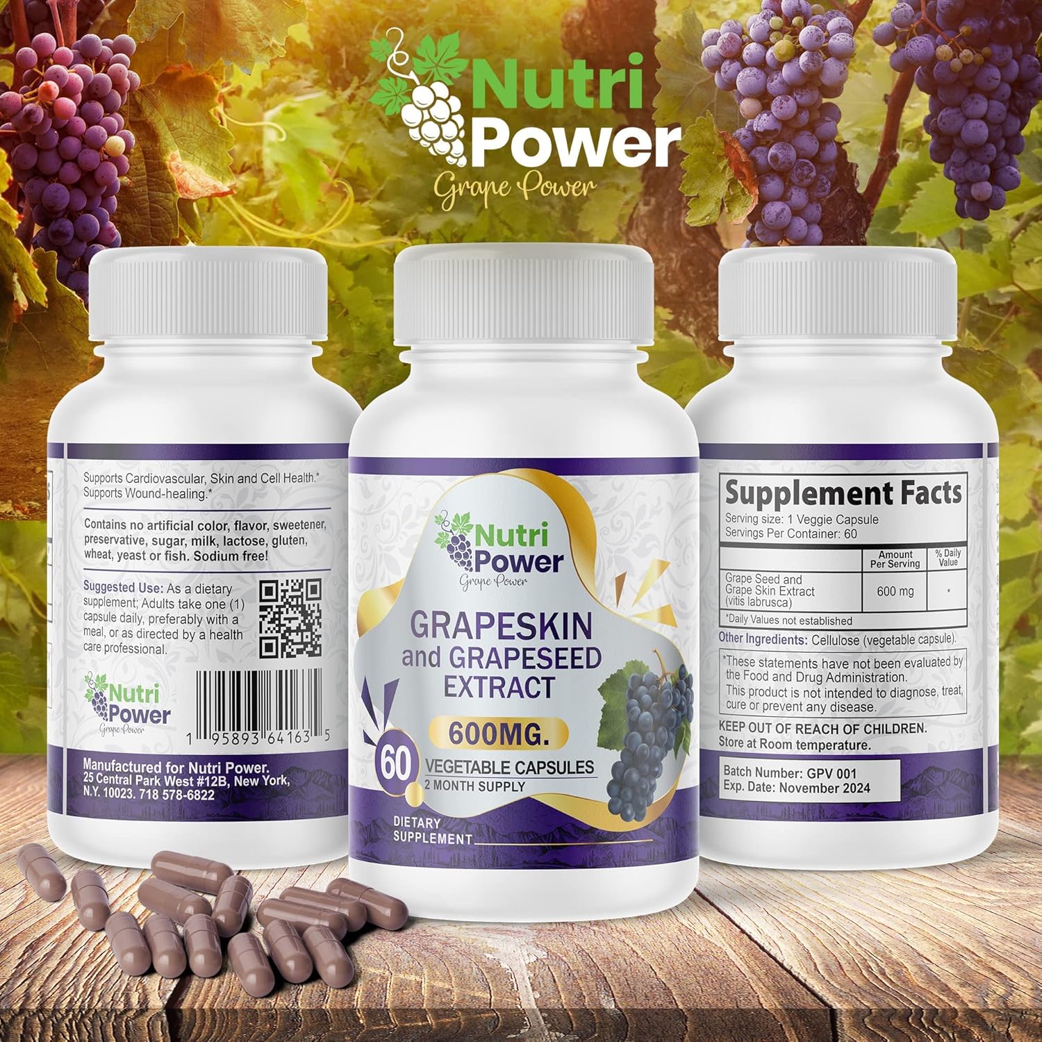Nutri Power Skin & Grape Seed Extract Supplement 600 MG - 60 Vegetable Capsules for Healthy Skin, Eyes, and Cardiovascular Support