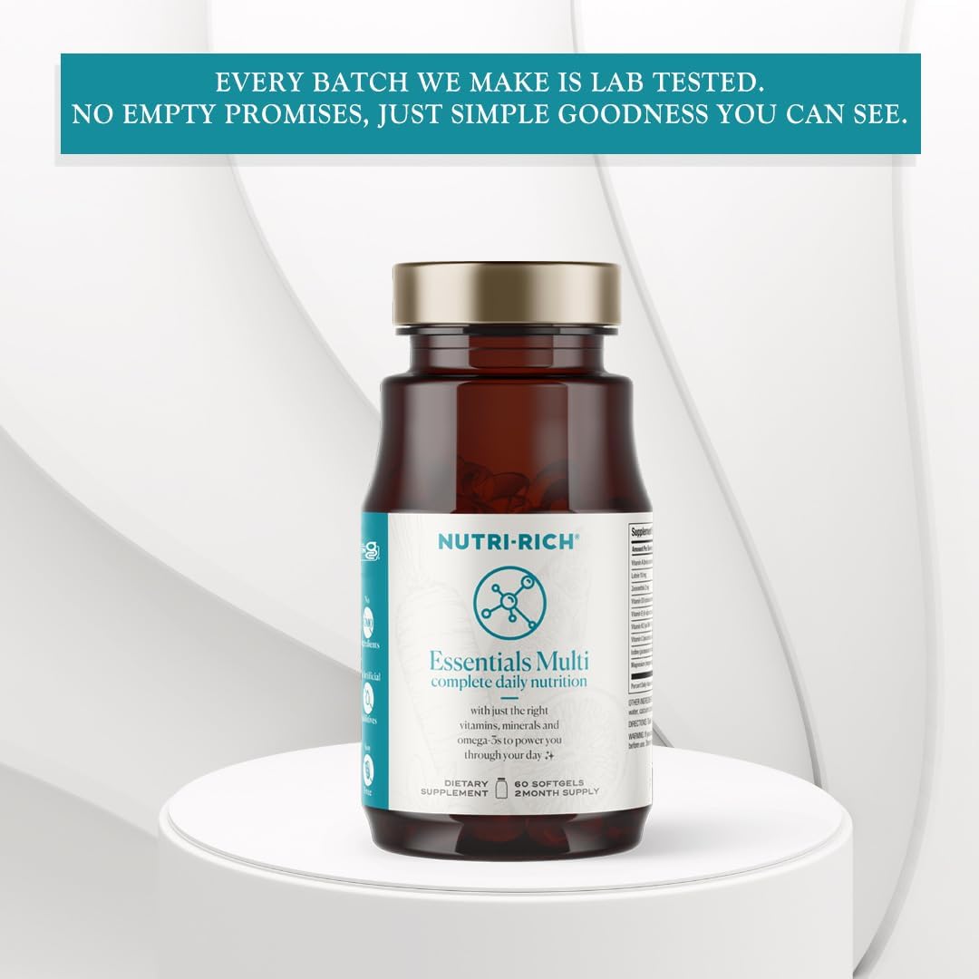 Nutri-Rich Essentials Multi Softgel - Adult Multivitamin with Iron, Lutein, K2, D3, Minerals, Omega-3, Energy Support - 60 Count