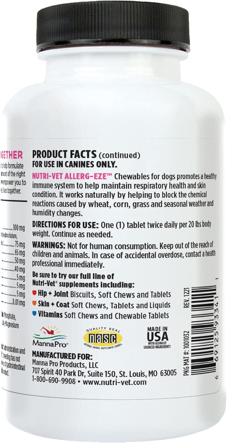 Nutri-Vet Allerg-Eze Chewables for Dogs - Antioxidants and Omega-3s - Supports Respiratory & Skin - 60 Count
