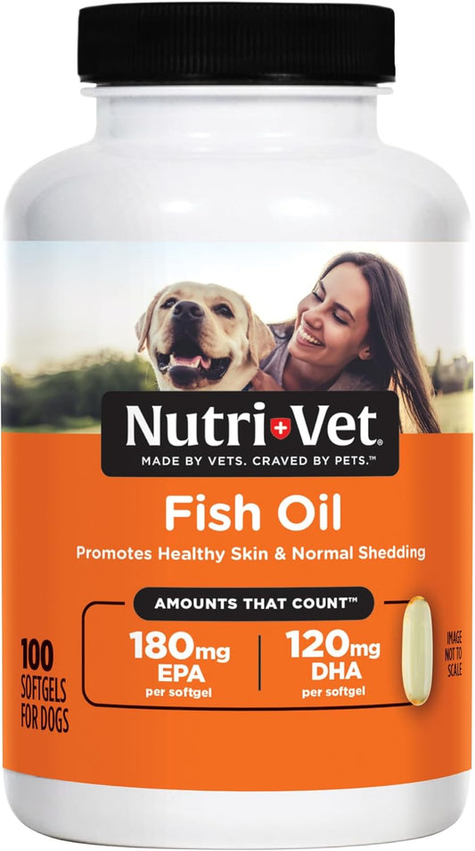 Nutri-Vet Omega-3 Fish Oil Supplements for Dogs - Promotes Healthy Skin & Coat - Supports Dog Shedding & Dandruff Relief - 100 Softgels
