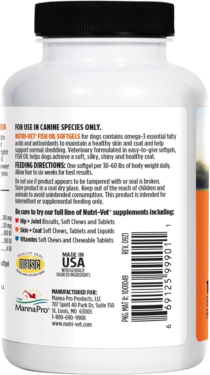 Nutri-Vet Omega-3 Fish Oil Supplements for Dogs - Promotes Healthy Skin & Coat - Supports Dog Shedding & Dandruff Relief - 100 Softgels