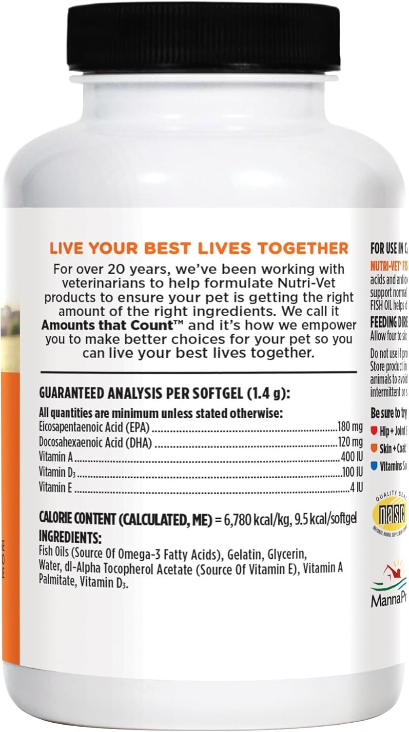 Nutri-Vet Omega-3 Fish Oil Supplements for Dogs - Promotes Healthy Skin & Coat - Supports Dog Shedding & Dandruff Relief - 100 Softgels