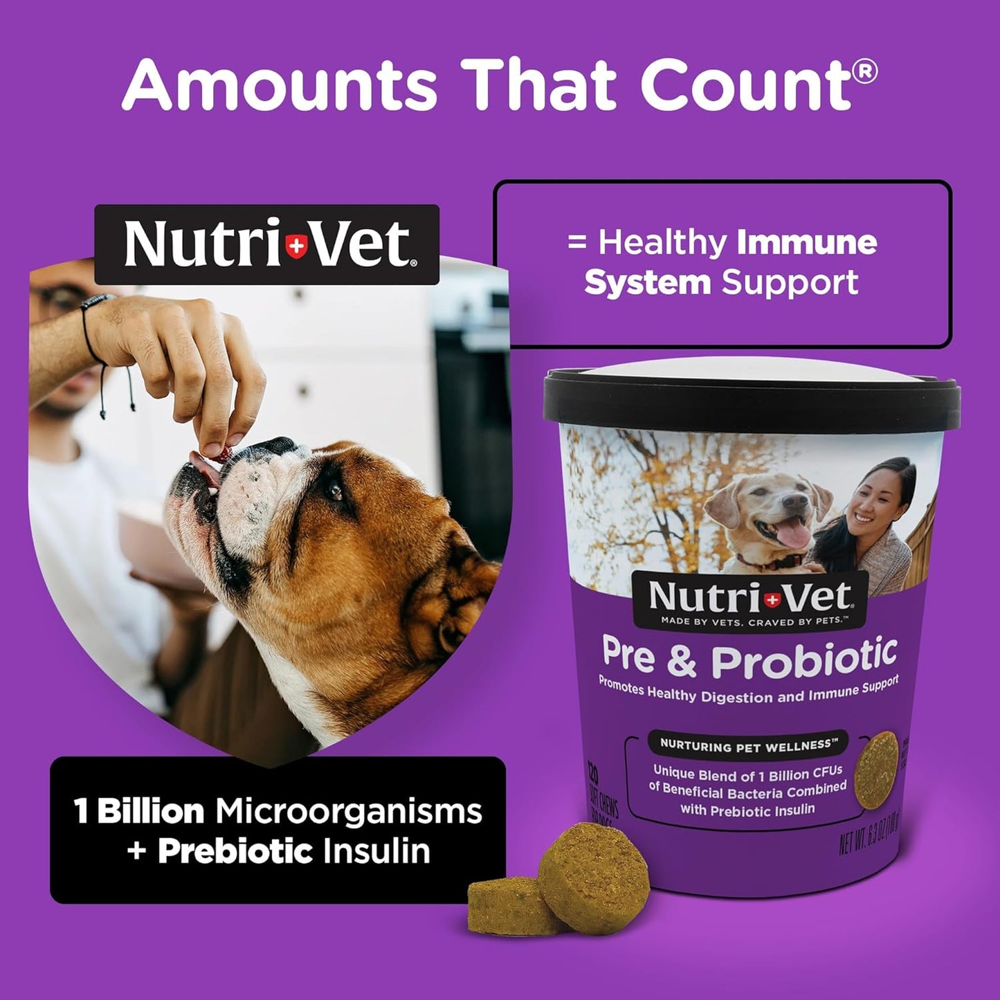 Nutri-Vet Pre and Probiotic Soft Chews for Dogs - 120 Tasty Digestive Health Support Chews