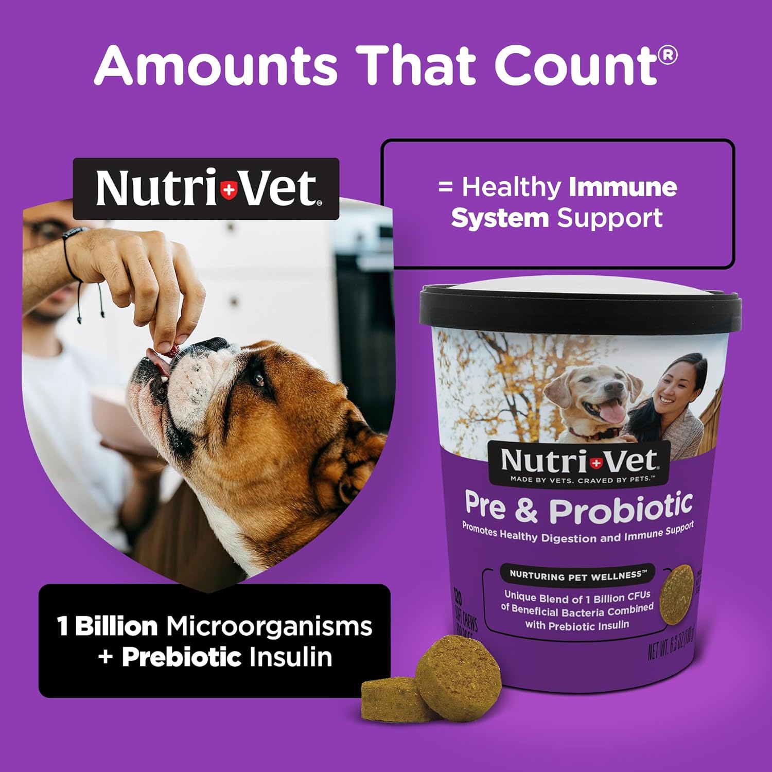 Nutri-Vet Pre and Probiotic Soft Chews for Dogs - 120 Tasty Digestive Health Support Chews