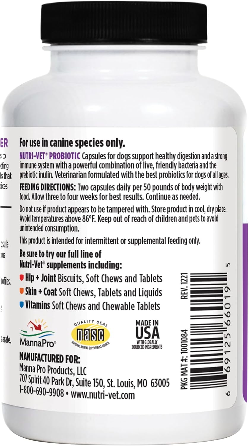 Nutri-Vet Probiotic Capsules for Dogs | Supports Digestive & Immune Health | Vet Formulated | 60 Count