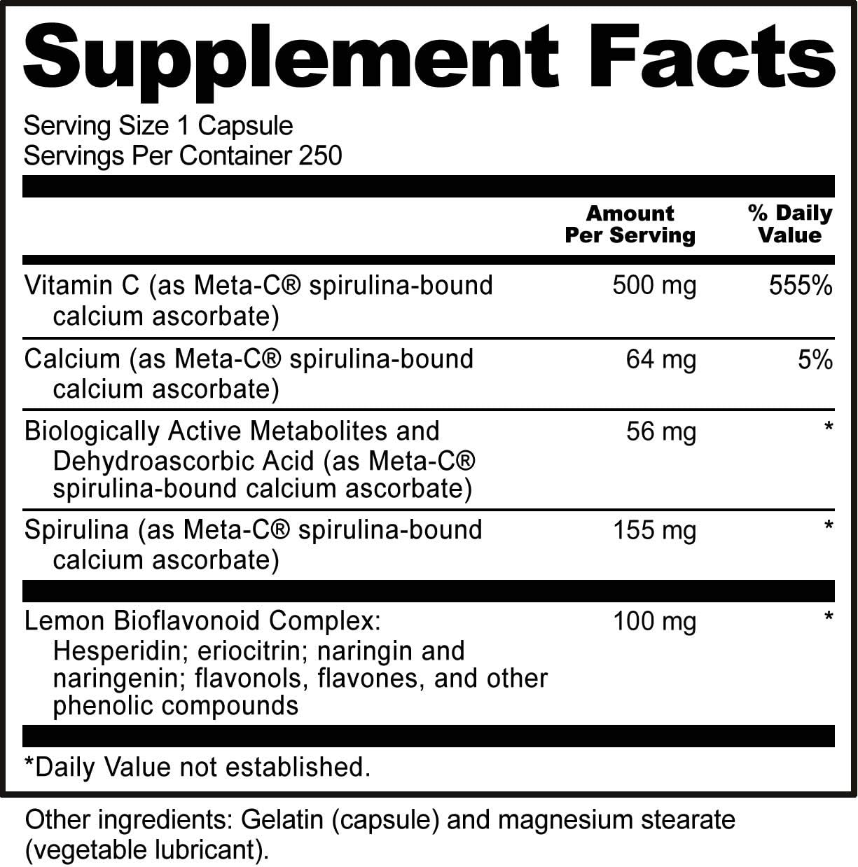 NutriBiotic Meta-C Capsules 500mg: Spirulina-Bound Vitamin C with Calcium & Lemon Bioflavonoids, 250 Count