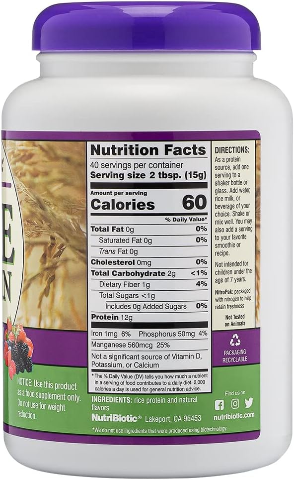 NutriBiotic Mixed Berry Rice Protein Powder - 1 lb 5 oz (600g) | Low Carb, Keto Vegan Protein | Chemical-Free, Non-GMO, Gluten-Free | Easily Digestible & Nutrient-Dense