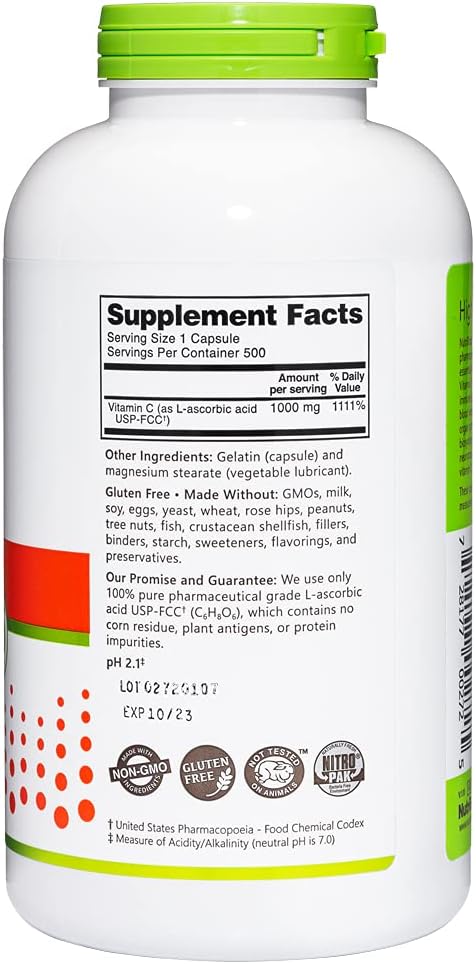 NutriBiotic Vitamin C Capsules - 1000 Mg, 500 Count | Immune & Antioxidant Support | Pharmaceutical Grade L-Ascorbic Acid | Gluten & GMO Free
