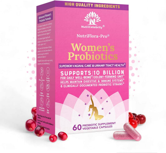 Nutricelebrity NutriFlora-Pro Probiotic Capsules for Women - Supports Vaginal, Urinary, and Digestive Health, UTI Relief, Period Pain, Cranberry Extract, 10 Billion CFU 6 Strains (60 Capsules)