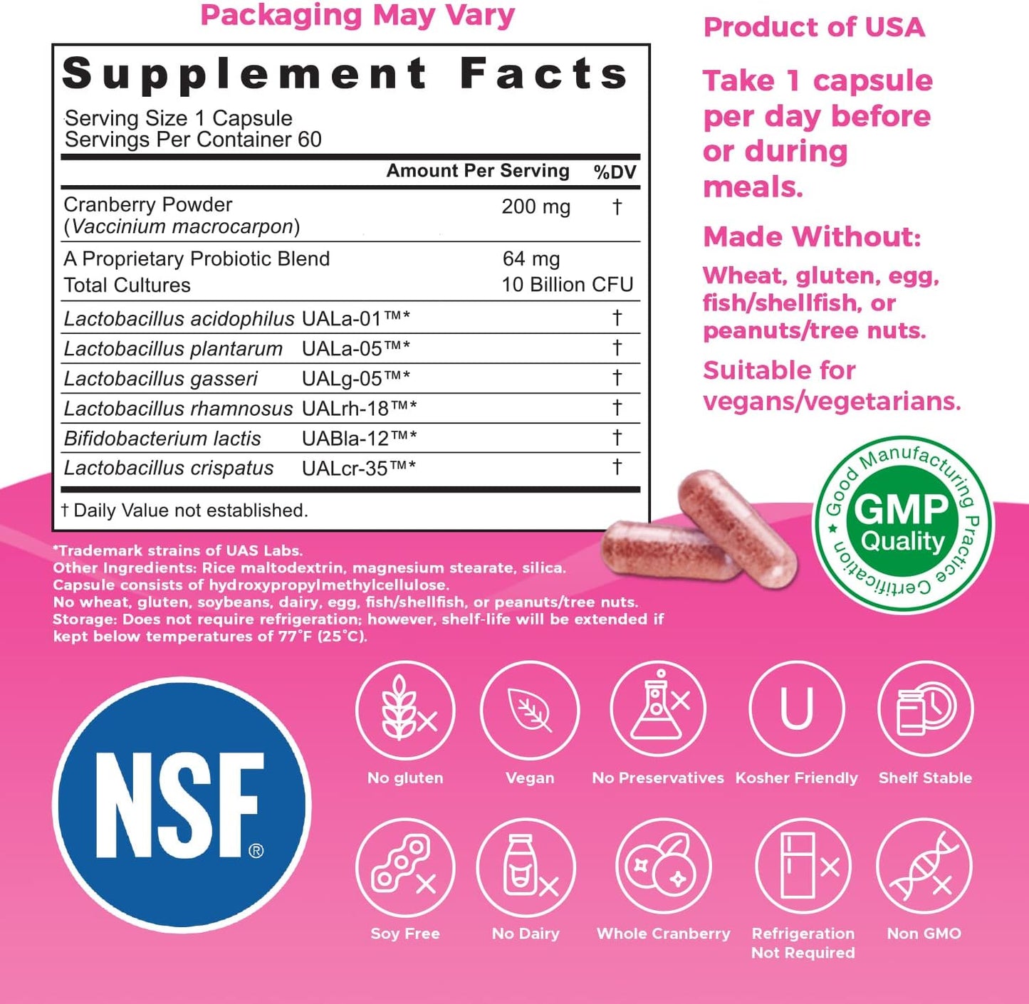 Nutricelebrity NutriFlora-Pro Probiotic Capsules for Women - Supports Vaginal, Urinary, and Digestive Health, UTI Relief, Period Pain, Cranberry Extract, 10 Billion CFU 6 Strains (60 Capsules)