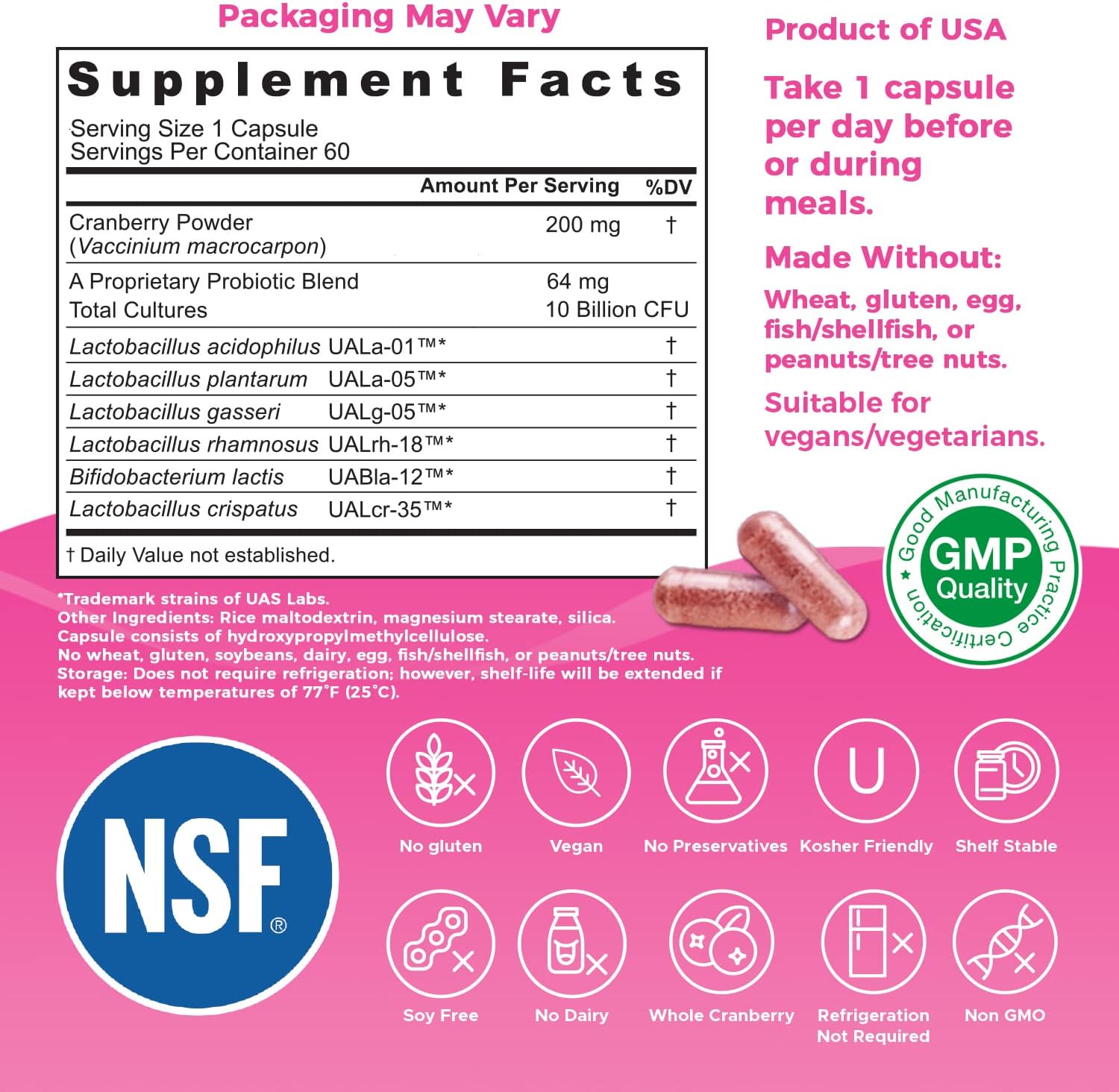 Nutricelebrity NutriFlora-Pro Probiotic Capsules for Women - Supports Vaginal, Urinary, and Digestive Health, UTI Relief, Period Pain, Cranberry Extract, 10 Billion CFU 6 Strains (60 Capsules)