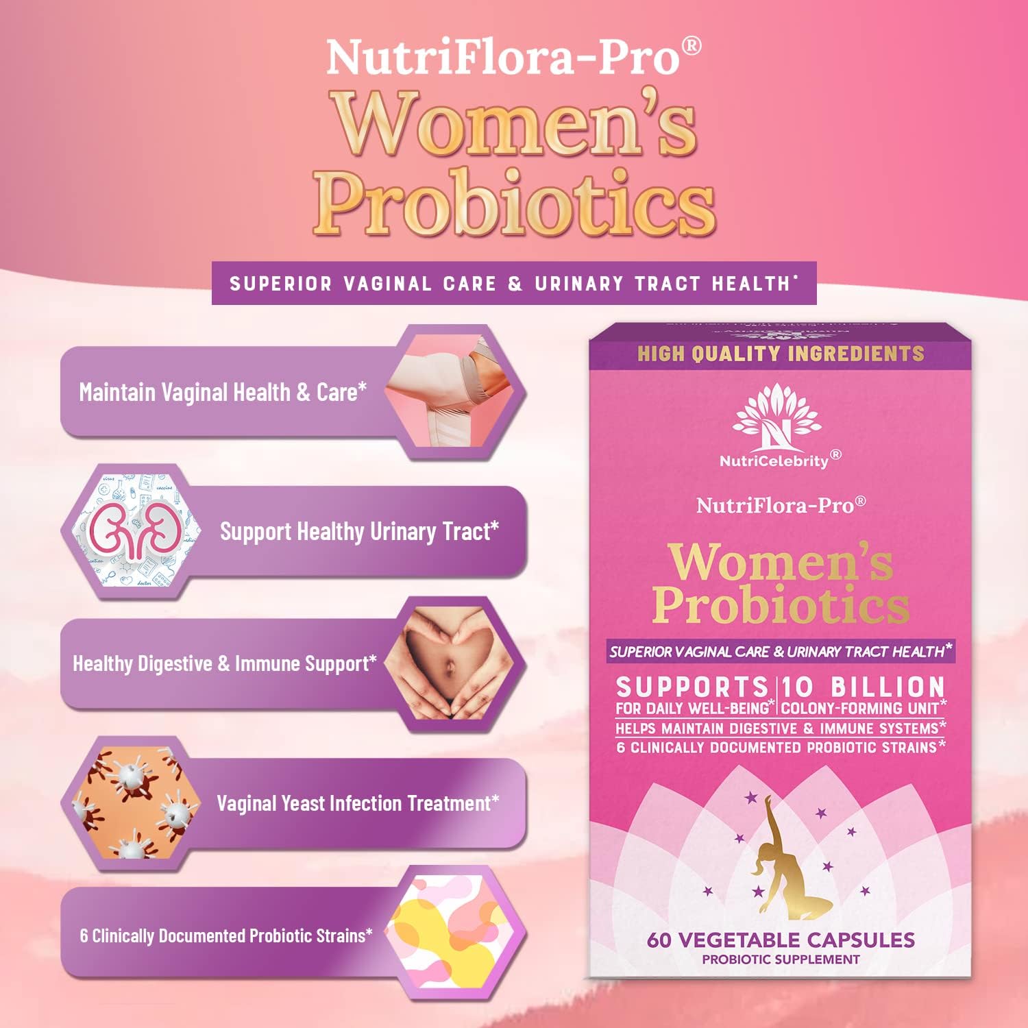 Nutricelebrity NutriFlora-Pro Probiotic Capsules for Women - Supports Vaginal, Urinary, and Digestive Health, UTI Relief, Period Pain, Cranberry Extract, 10 Billion CFU 6 Strains (60 Capsules)