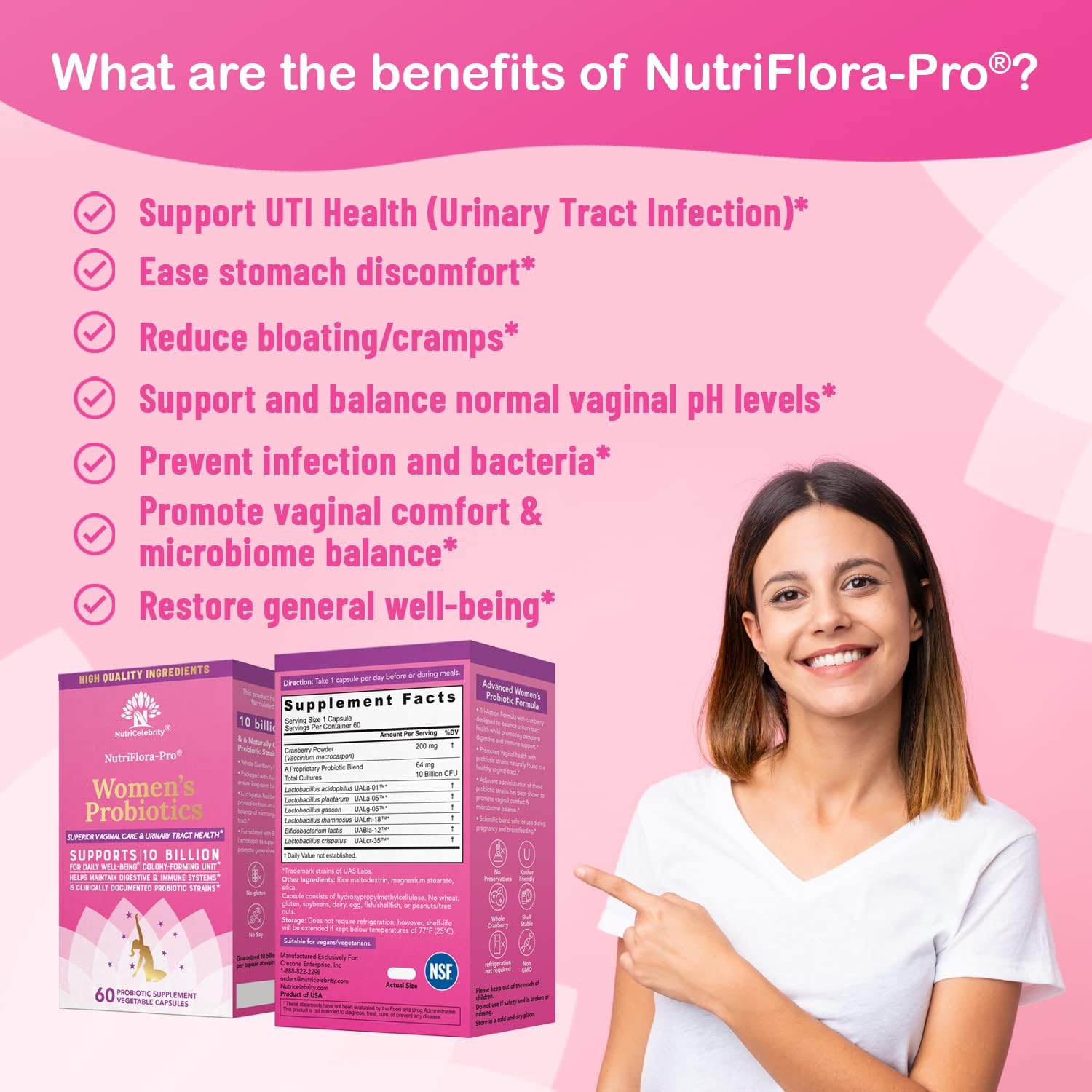 Nutricelebrity NutriFlora-Pro Probiotic Capsules for Women - Supports Vaginal, Urinary, and Digestive Health, UTI Relief, Period Pain, Cranberry Extract, 10 Billion CFU 6 Strains (60 Capsules)