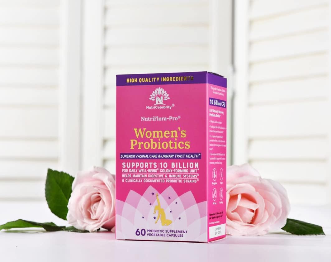 Nutricelebrity NutriFlora-Pro Probiotic Capsules for Women - Supports Vaginal, Urinary, and Digestive Health, UTI Relief, Period Pain, Cranberry Extract, 10 Billion CFU 6 Strains (60 Capsules)