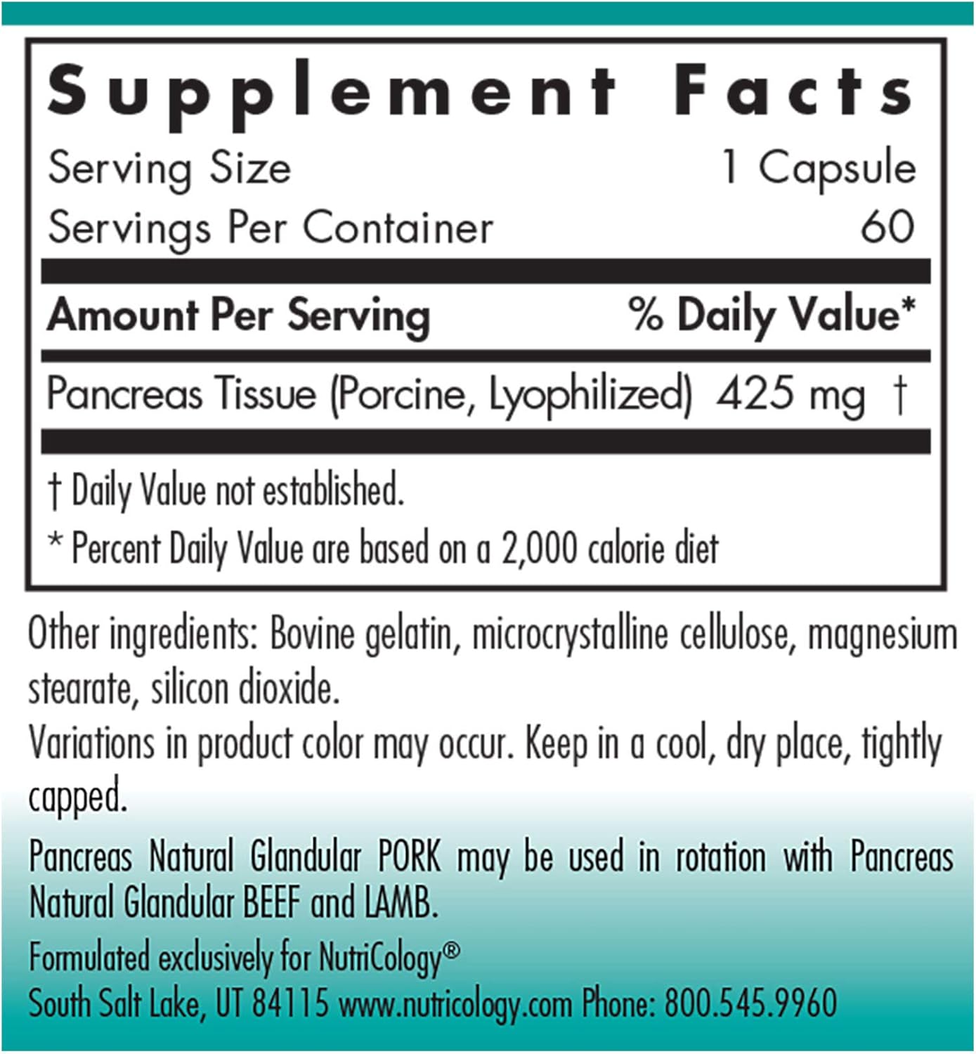 Nutricology Pancreas Pork 425mg Supplement - Natural Pancreatic Enzymes for Digestion - 60 Capsules