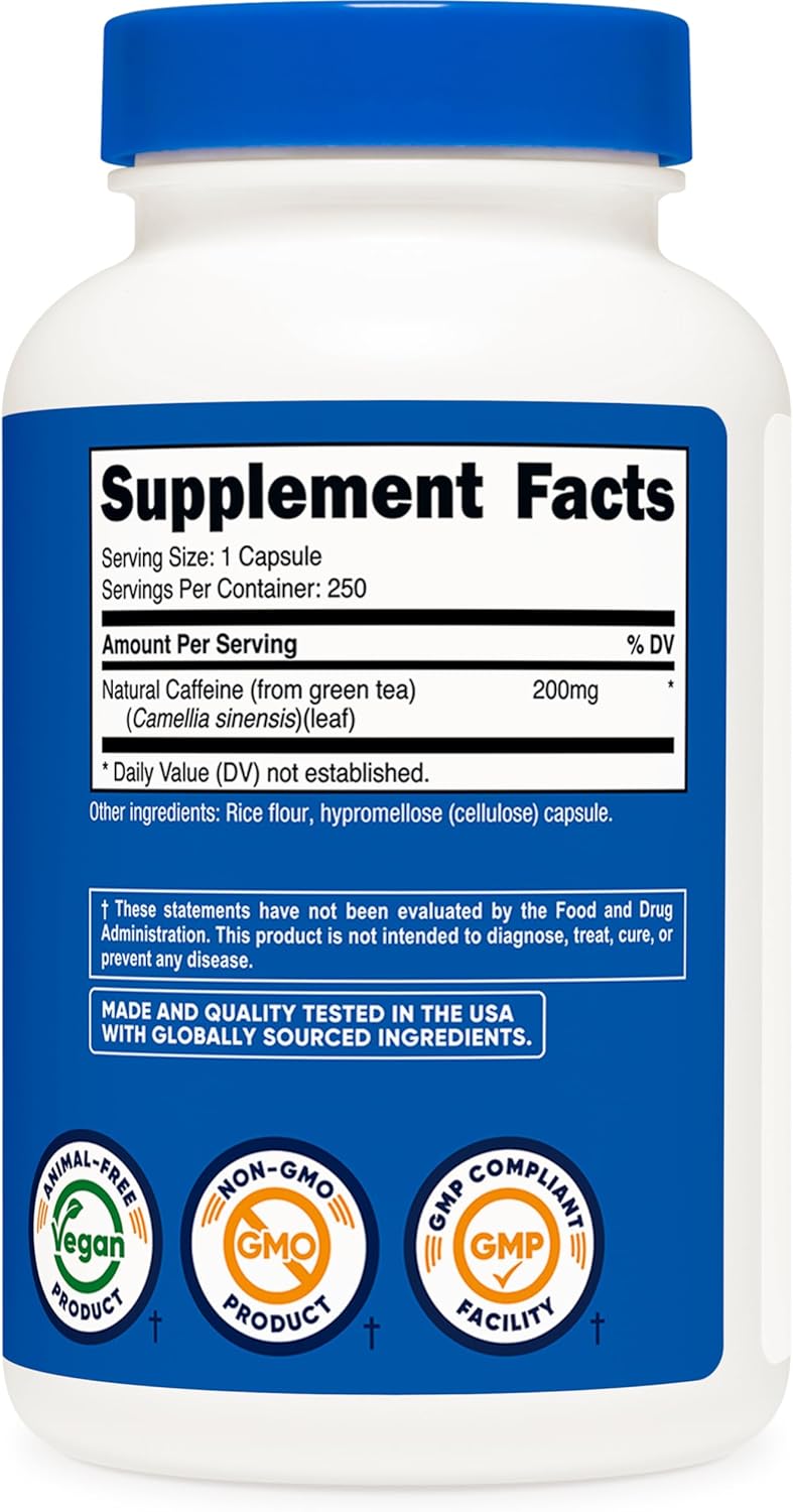 Nutricost 200mg Natural Caffeine - 250 Vegetarian Capsules, Gluten Free & Non-GMO