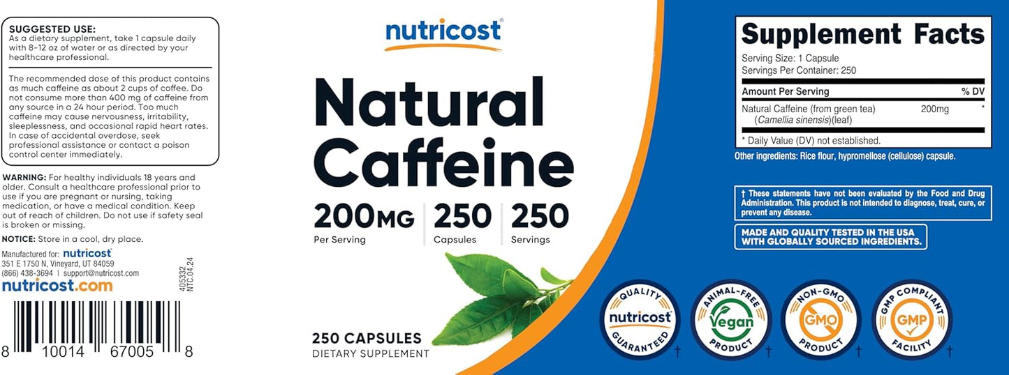 Nutricost 200mg Natural Caffeine - 250 Vegetarian Capsules, Gluten Free & Non-GMO