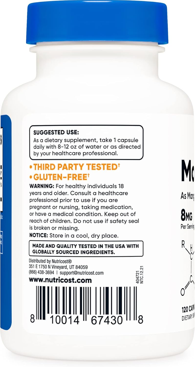 Nutricost 8mg Chelated Manganese Supplement - 120 Capsules, Amino Acid Chelate, Gluten-Free, Non-GMO, Vegetarian-Friendly